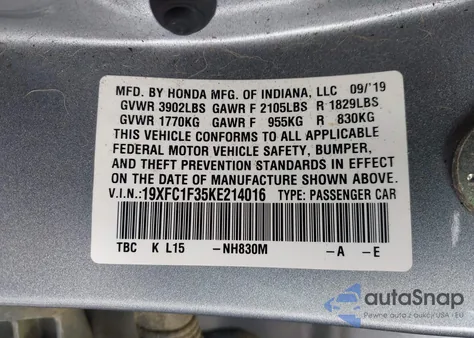 2019 Honda Civic Ex из США, поврежденный, VIN 19XFC1F35KE214016
